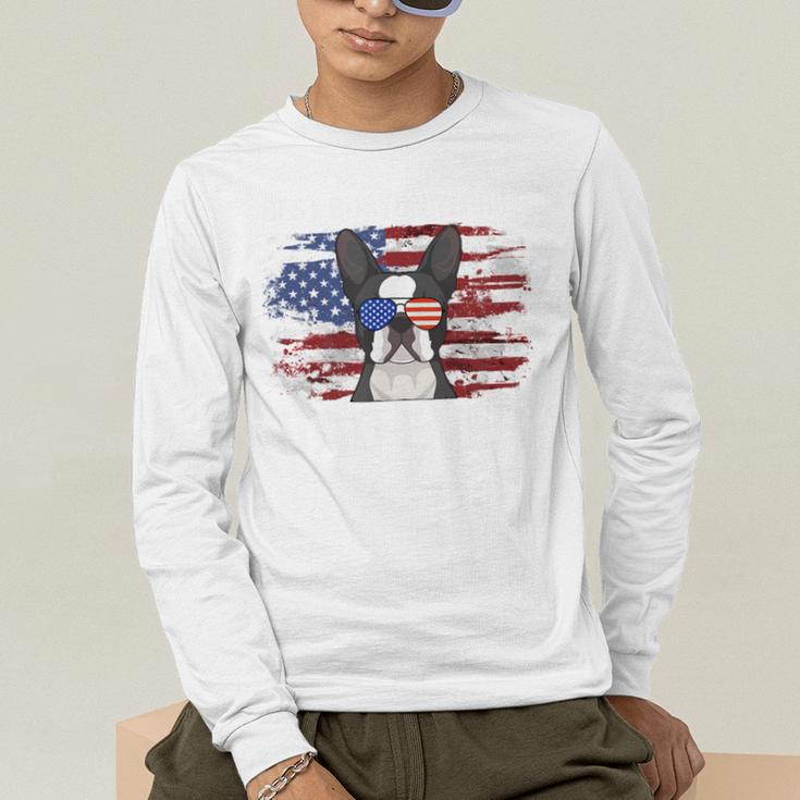 Boston Terrier Dad American Flag 4th Of July Dog Fathers Day Men's Long Sleeve T-Shirt, funny gift