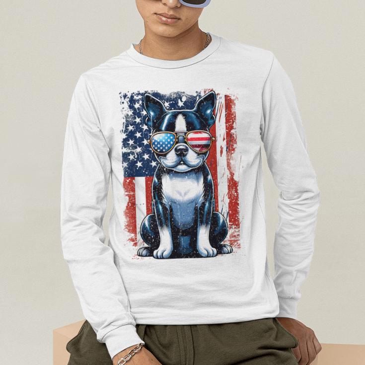 Boston Terrier Dog American USA US Flag Pets Vintage Outfit Men's Long Sleeve T-Shirt, funny gift