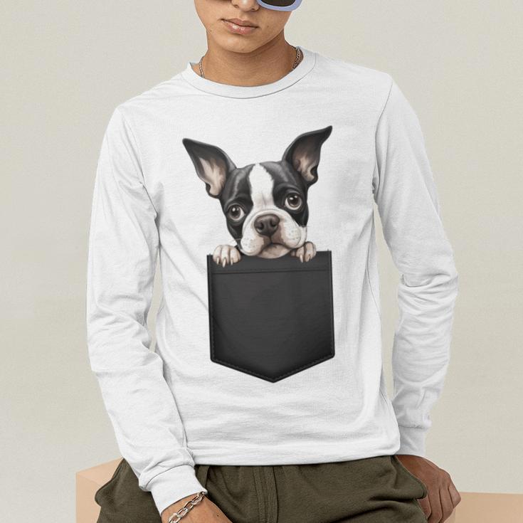 Boston Terrier Dog Puppy Dog In Pocket Cute Pet Lover Men's Long Sleeve T-Shirt, funny gift