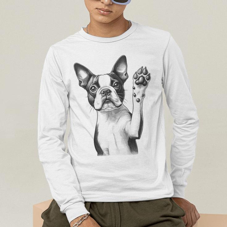 Boston Terrier Dog Raising Paw Idea Men Women Men's Long Sleeve T-Shirt, funny gift