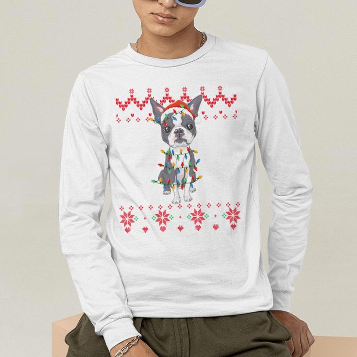 Boston Terrier Dog Santa Hat Men Kids Ugly Christmas Light Men's Long Sleeve T-Shirt, funny gift