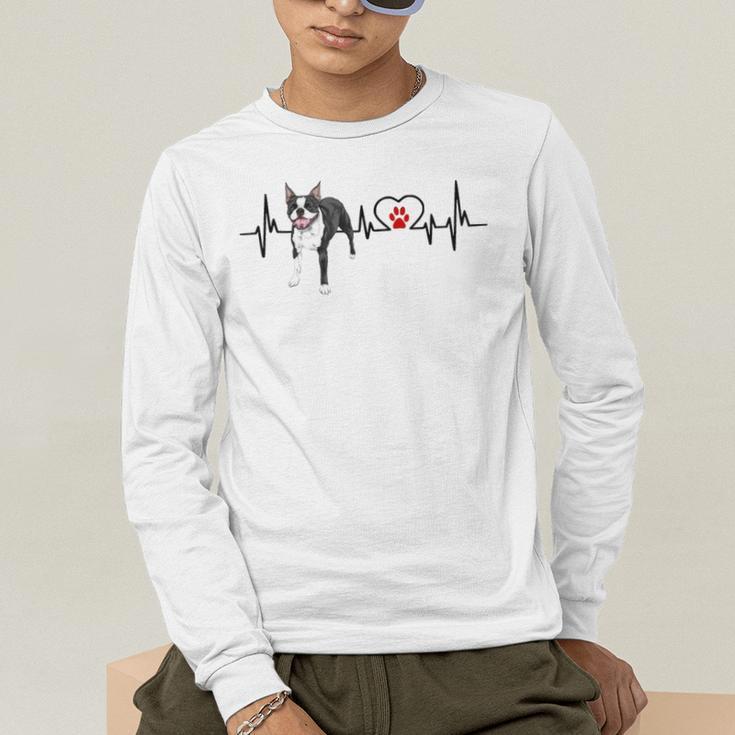 Boston Terrier EKG Heartbeat Heart Line Dog Lovers Men's Long Sleeve T-Shirt, funny gift