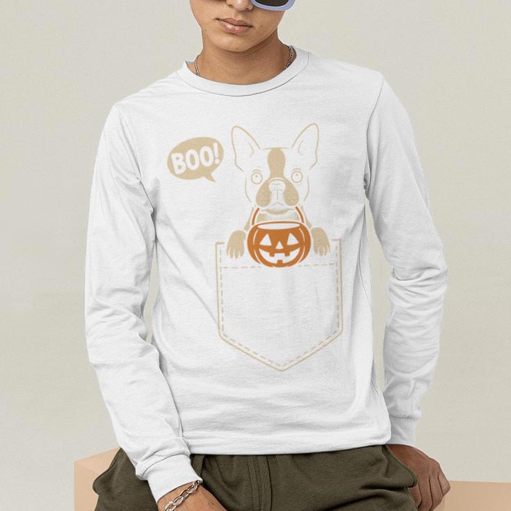 Boston Terrier Halloween Cute Bostie Dog Pocket Boo Men's Long Sleeve T-Shirt, funny gift