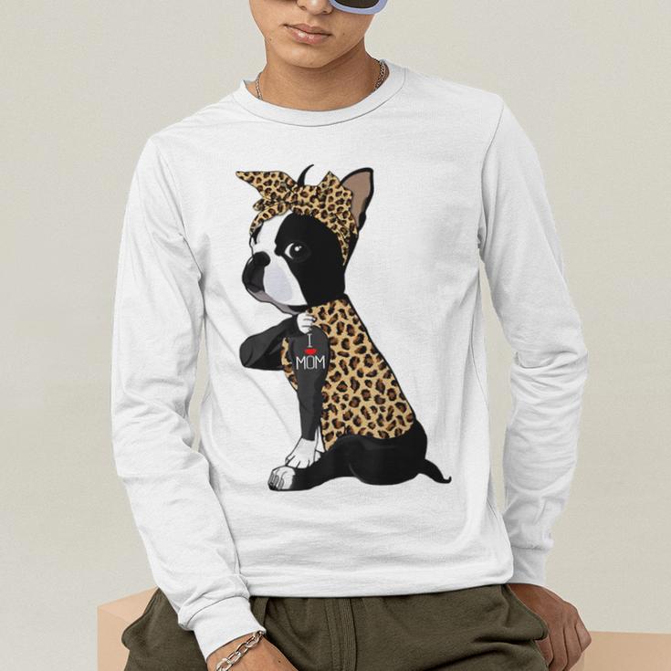Boston Terrier Lover I Love Mom Tattoo Leopard Men's Long Sleeve T-Shirt, funny gift