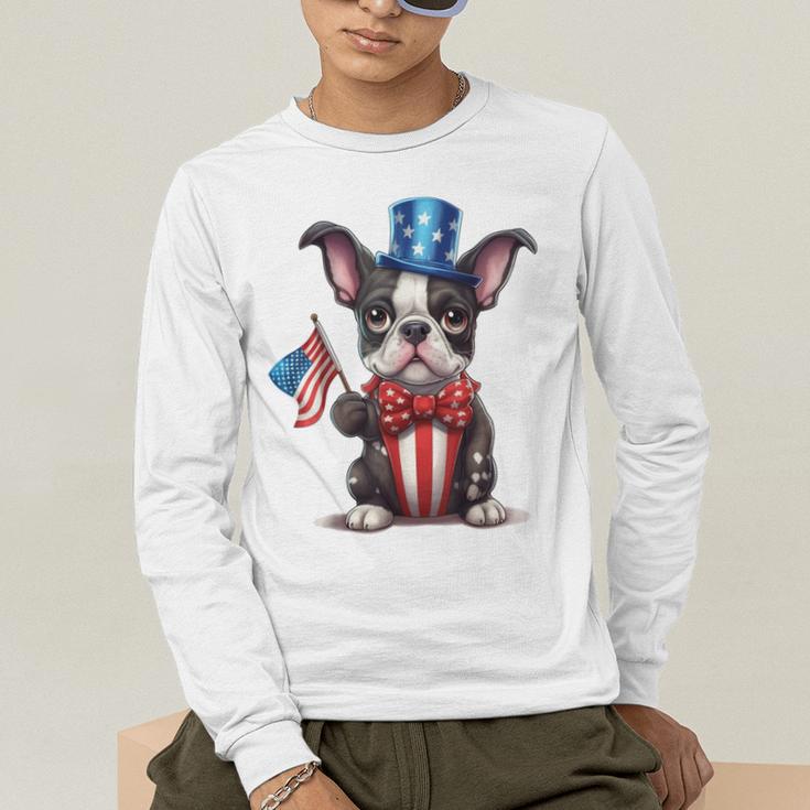 Boston Terrier Puppy Dog Holds His American Flag 4th Of July Men's Long Sleeve T-Shirt, funny gift