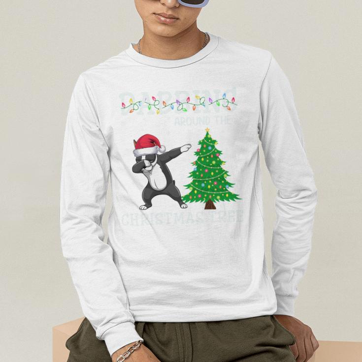 Boston Terrier Santa Hat Dabbing Around The Christmas Tree Men's Long Sleeve T-Shirt, funny gift