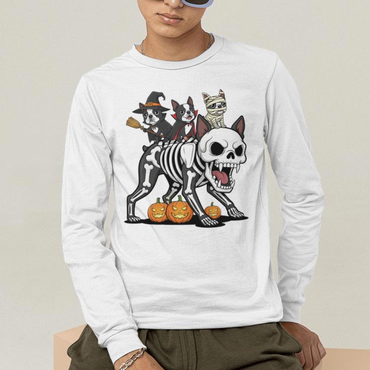 Boston Terrier Skeleton Mummy Witch Halloween Men's Long Sleeve T-Shirt, funny gift