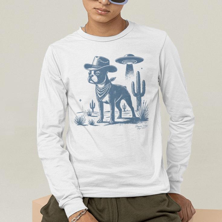 Boston Terrier UFO Cowboy Dog Dog Mom Dog Dad Alien Dog Men's Long Sleeve T-Shirt, funny gift