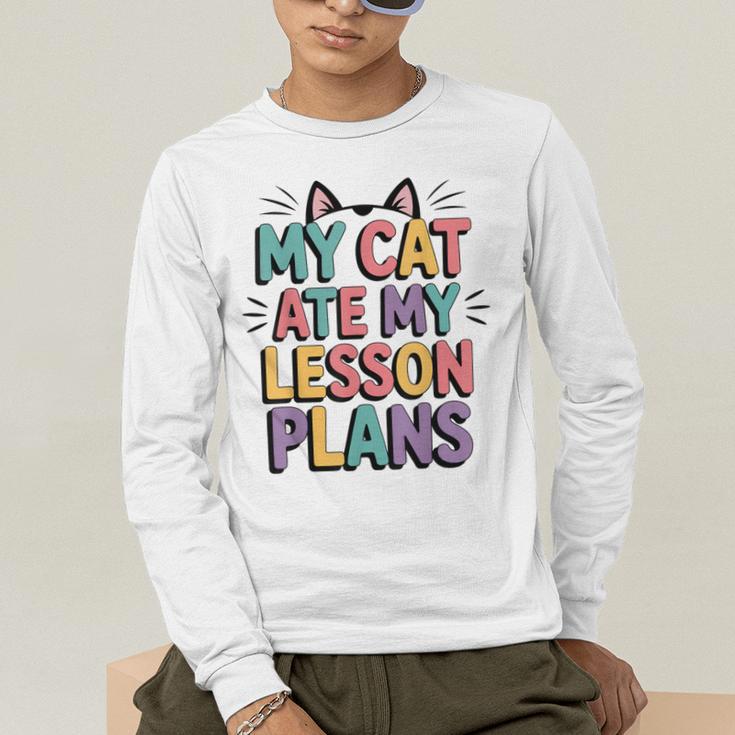 My Cat Ate My Lesson Plans Teacher Cat Humor Men's Long Sleeve T-Shirt, funny gift