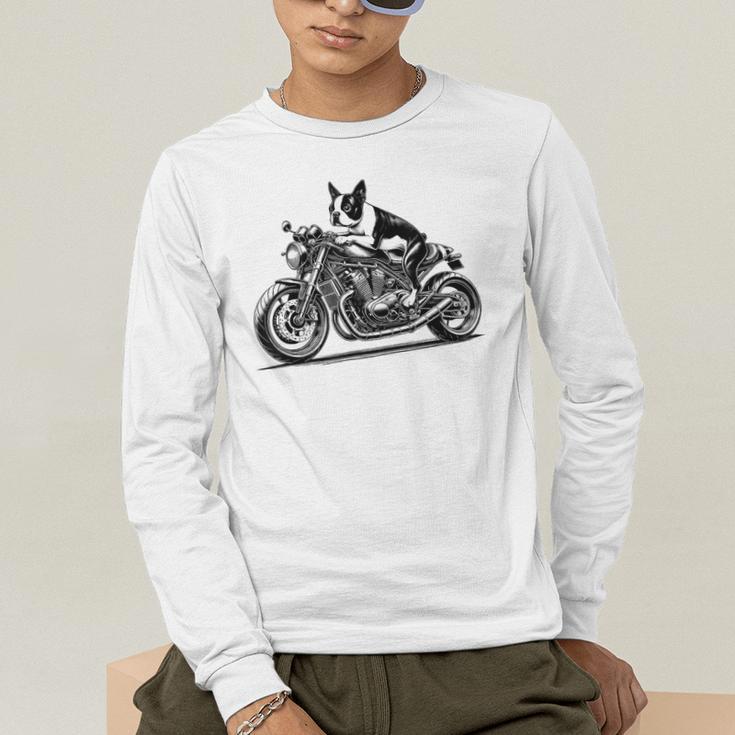 Cool Boston Terrier Riding a Motorcycle Biker Dog Lover For Men Women Kids Men's Long Sleeve T-Shirt, funny gift