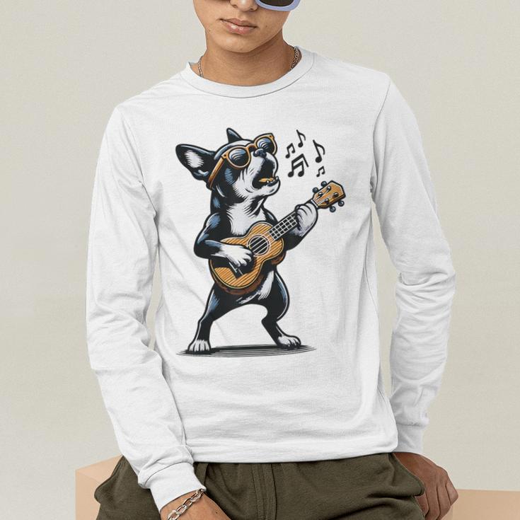 Dog Playing Guitar Singing Boston Terrier For Men Women Girls Kids Men's Long Sleeve T-Shirt, funny gift