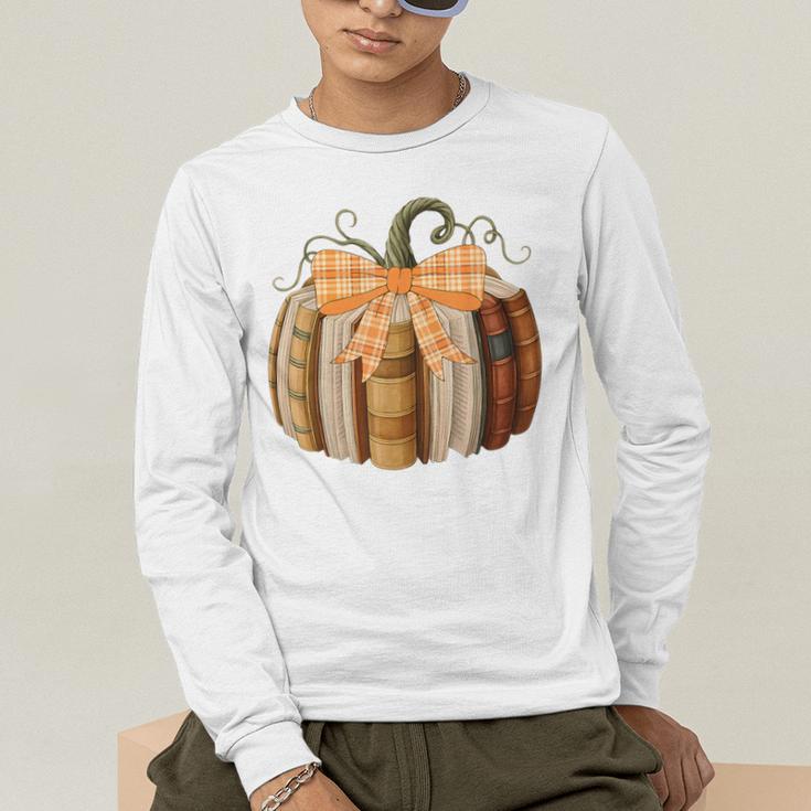 Fall Book Pumpkin Halloween Teacher Librarian Thanksgiving Men's Long Sleeve T-Shirt, funny gift