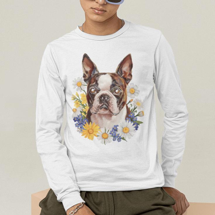 Floral Boston Terrier Men's Long Sleeve T-Shirt, funny gift