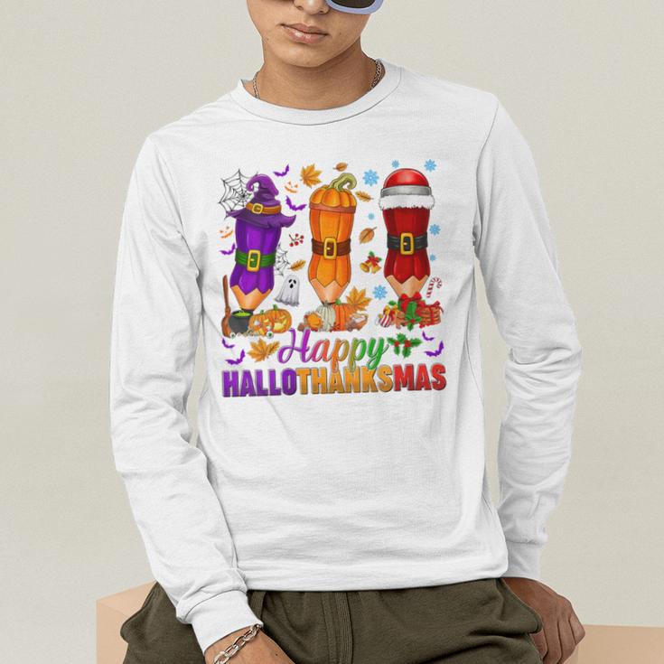 Happy Hallothanksmas Halloween Thanksgiving Pencils Teachers Men's Long Sleeve T-Shirt, funny gift Happy Hallothanksmas Halloween Thanksgiving Pencils Teachers Men's Long Sleeve T-Shirt, funny gift