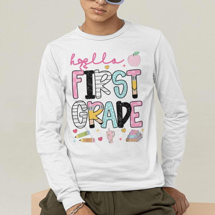 Hello First Grade Teacher Coquette Pencil Bow Back To School Men's Long Sleeve T-Shirt, funny gift Hello First Grade Teacher Coquette Pencil Bow Back To School Men's Long Sleeve T-Shirt, funny gift