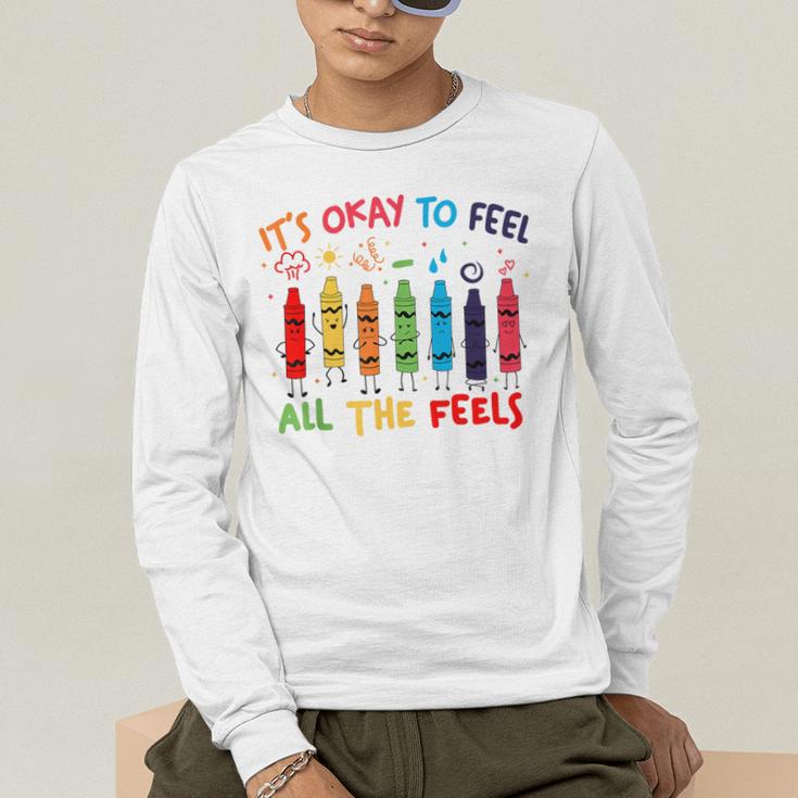 Its Okay To Feel All The Feels Mood Color Crayons Teacher Men's Long Sleeve T-Shirt, funny gift Its Okay To Feel All The Feels Mood Color Crayons Teacher Men's Long Sleeve T-Shirt, funny gift