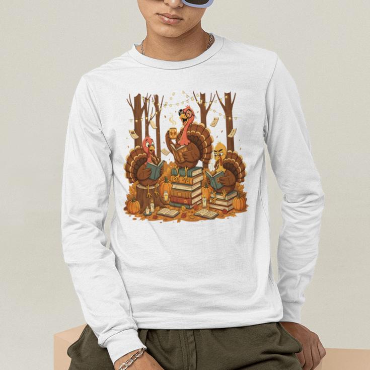 Librarian Turkey Reading Book Fall Thanksgiving Teacher Book Men's Long Sleeve T-Shirt, funny gift