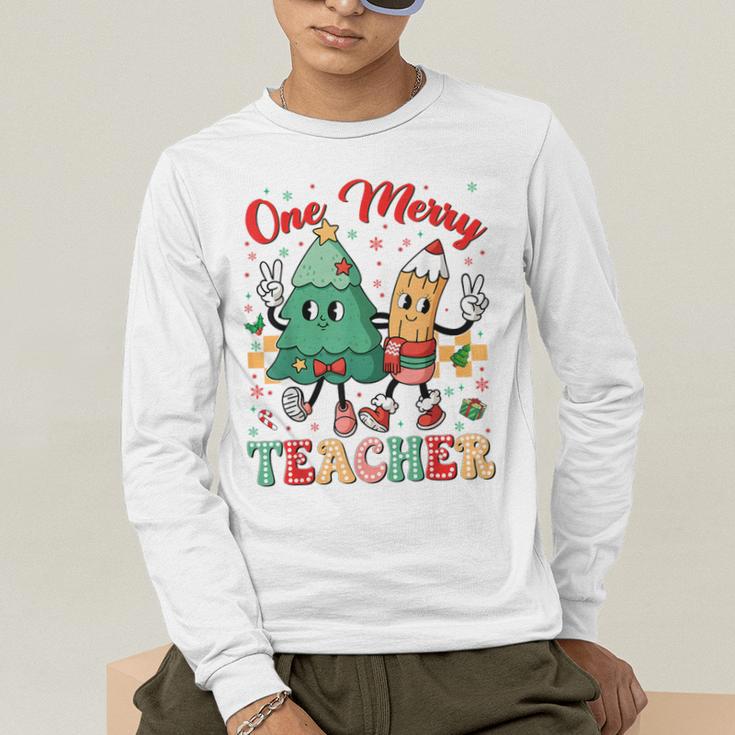 One Merry Teacher Groovy Christmas Tree Pjs Xmas Teacher Men's Long Sleeve T-Shirt, funny gift