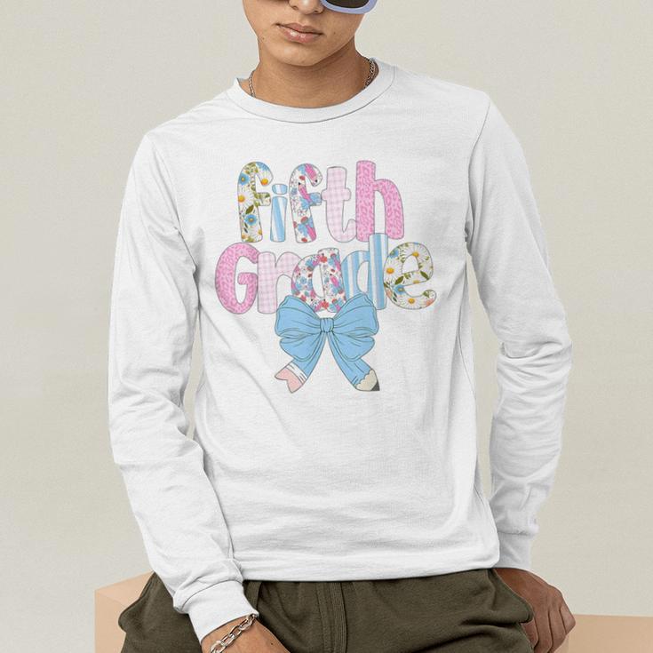 Preppy Fifth Grade Teacher Blue Floral Coquette Pencil Bow Men's Long Sleeve T-Shirt, funny gift Preppy Fifth Grade Teacher Blue Floral Coquette Pencil Bow Men's Long Sleeve T-Shirt, funny gift