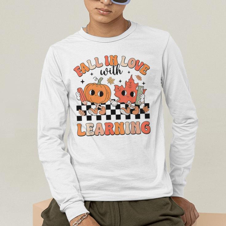 Retro Fall In Love With Learning Autumn Pumpkin Teacher Men's Long Sleeve T-Shirt, funny gift