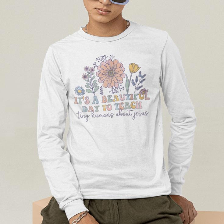 Retro I Teach Tiny Humans About Jesus Christian Teacher Men's Long Sleeve T-Shirt, funny gift