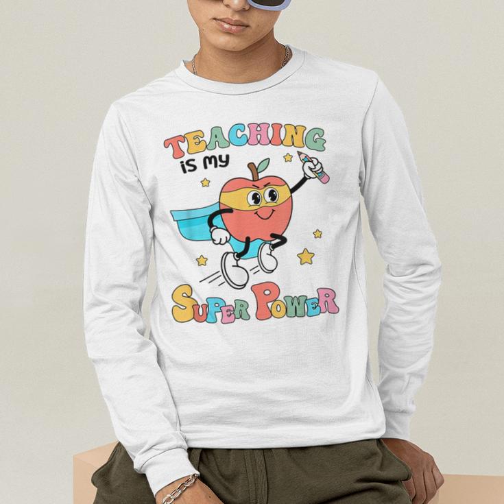 Retro Teaching Is My Superpower Apple Teacher Appreciation Men's Long Sleeve T-Shirt, funny gift