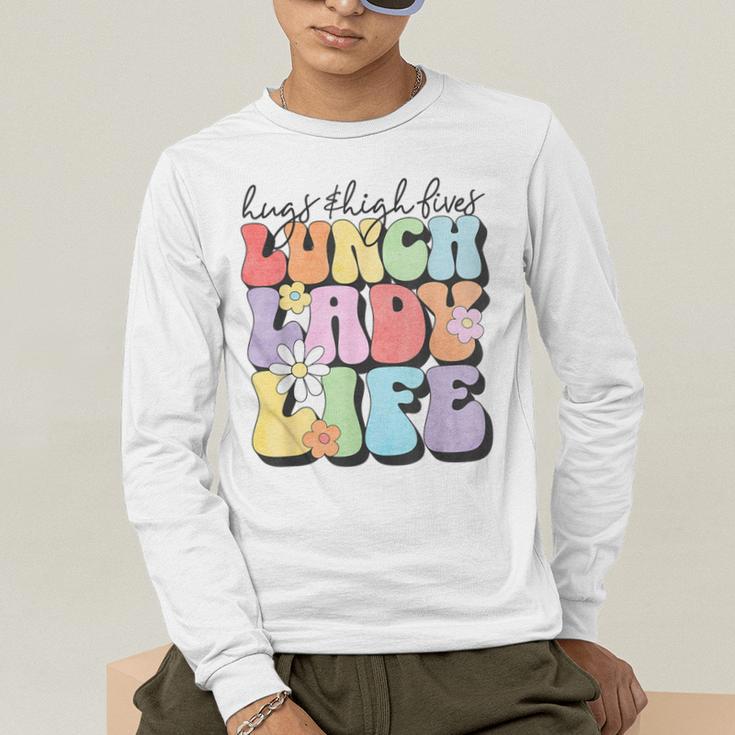 Soul Bleach Teacher Staff First Day Of School Last Hugs & High Fives Lunch Lady Vibes Blue Classic Fit Men's Long Sleeve T-Shirt, funny gift