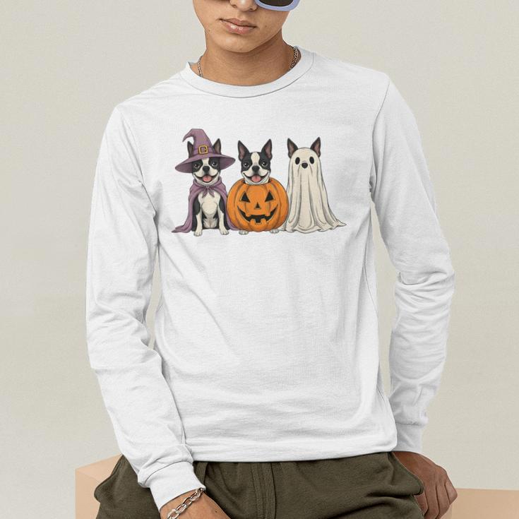 Spooky Ghost Boston Terrier Pumpkin Halloween Dog Lover Men's Long Sleeve T-Shirt, funny gift