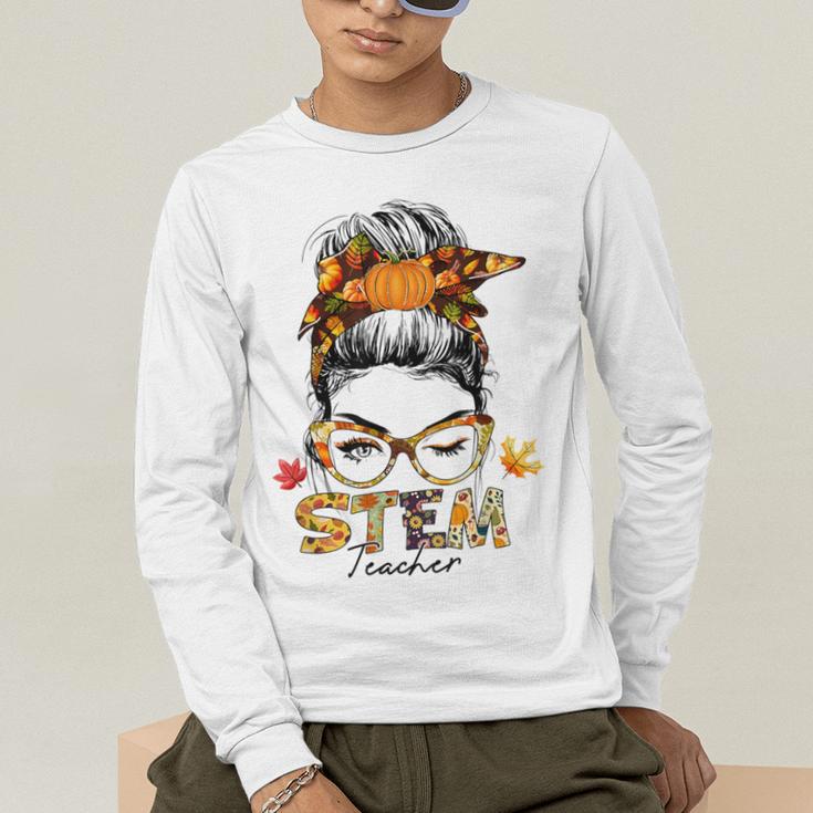 STEM Teacher Messy Bun Fall Vibes Autumn Thanksgiving Men Women Men's Long Sleeve T-Shirt, funny gift STEM Teacher Messy Bun Fall Vibes Autumn Thanksgiving Men Women Men's Long Sleeve T-Shirt, funny gift
