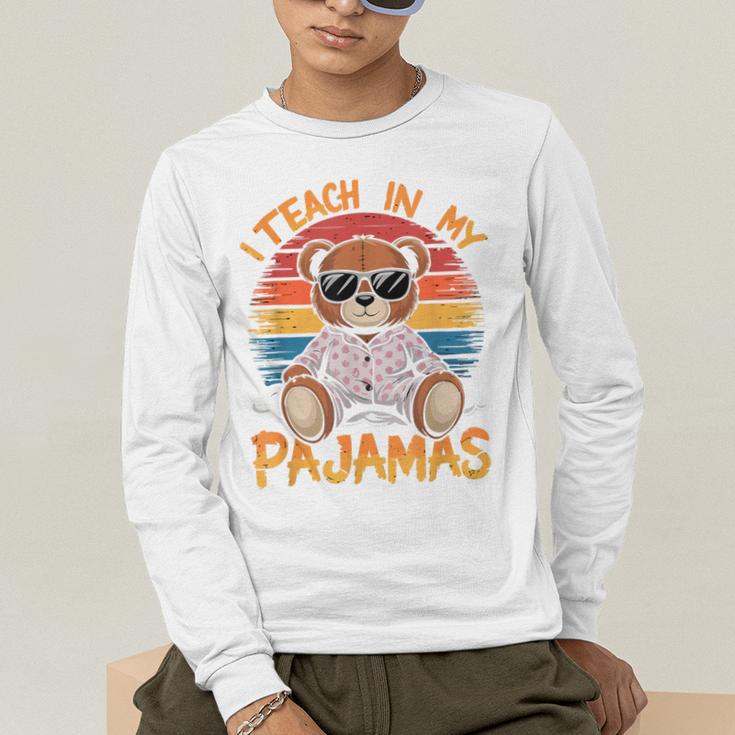I Teach In My Pajamas Teacher Sunset Bear Retro Men's Long Sleeve T-Shirt, funny gift