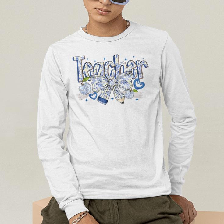 Teacher Blue Chinoiserie Coquette Bow Heart Teacher Life Men's Long Sleeve T-Shirt, funny gift Teacher Blue Chinoiserie Coquette Bow Heart Teacher Life Men's Long Sleeve T-Shirt, funny gift