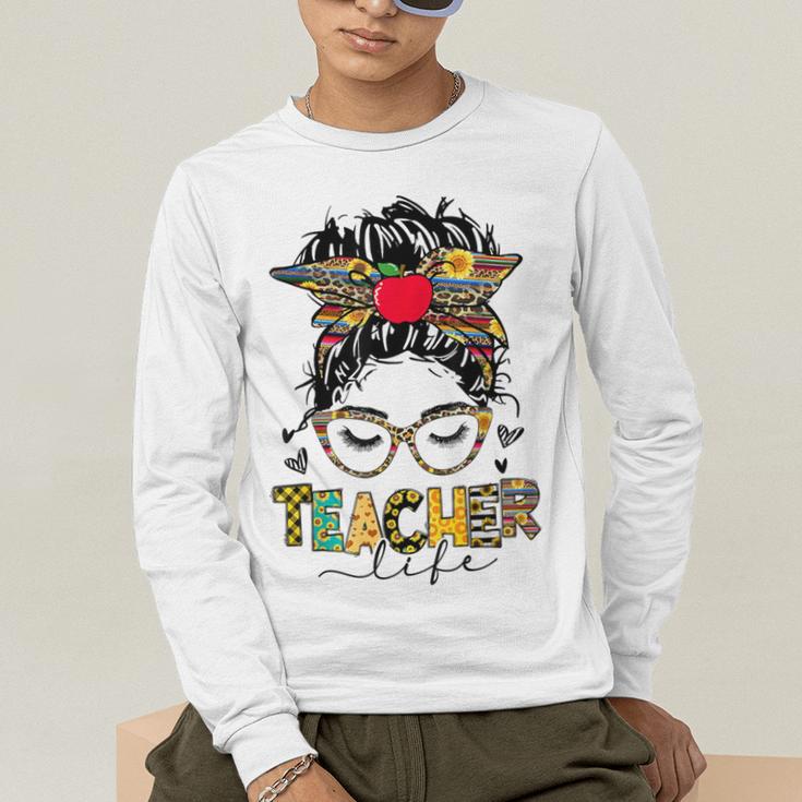 Teacher Life Messy Bun Glasses Leopard Sunflower Men's Long Sleeve T-Shirt, funny gift Teacher Life Messy Bun Glasses Leopard Sunflower Men's Long Sleeve T-Shirt, funny gift