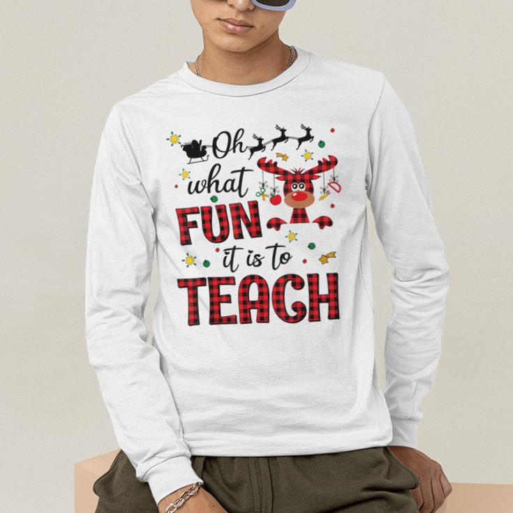 Teachers Oh What Fun It Is To Teach Cute Red Plaid Reindeer Men's Long Sleeve T-Shirt, funny gift Teachers Oh What Fun It Is To Teach Cute Red Plaid Reindeer Men's Long Sleeve T-Shirt, funny gift