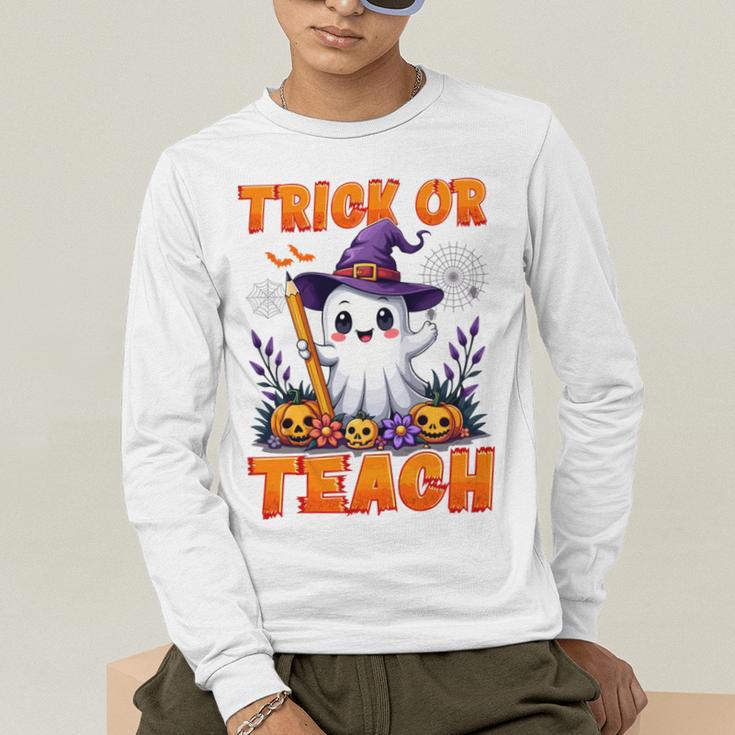 Trick Or Teach Teacher Halloween Ghost Pencil Floral Men's Long Sleeve T-Shirt, funny gift