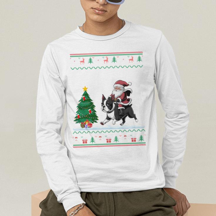 Ugly Christmas Tree Lights Xmas Santa Riding Boston Terrier Men's Long Sleeve T-Shirt, funny gift