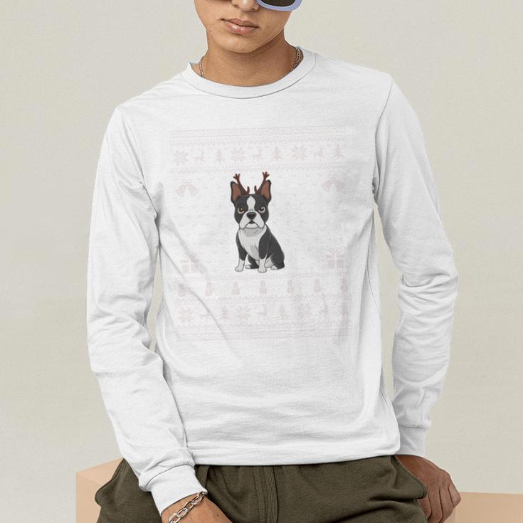 Ugly Xmas Sweater Style Boston Terrier Reindeer Christmas Men's Long Sleeve T-Shirt, funny gift