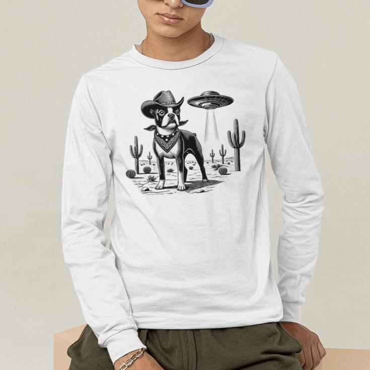 Vintage Boston Terrier UFO Western Wild West Dog Mom Dad Men's Long Sleeve T-Shirt, funny gift