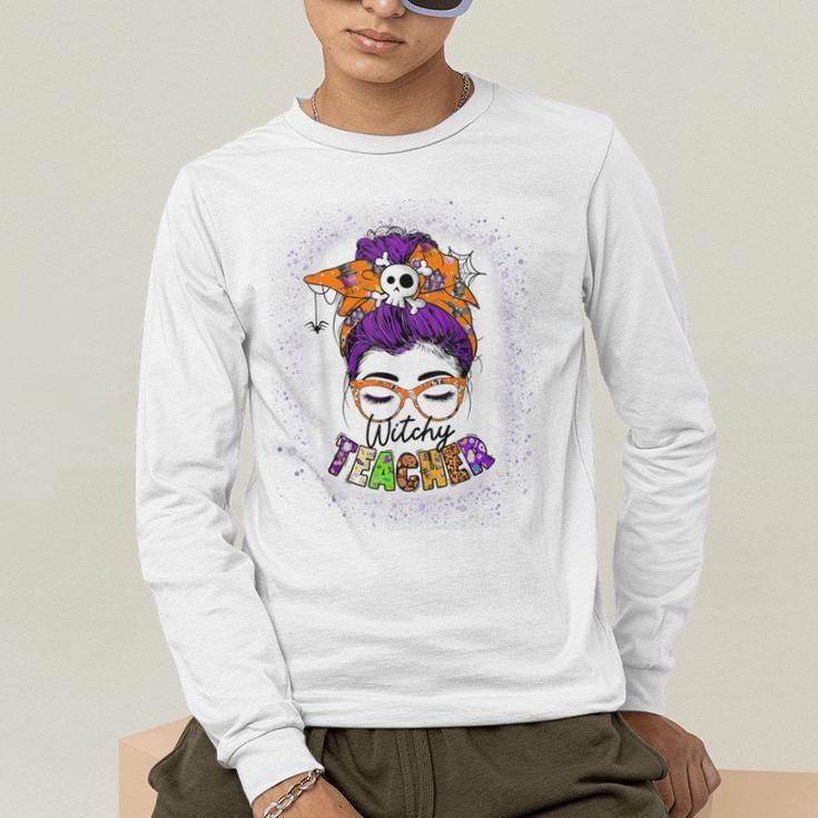 Witchy Teacher Halloween Messy Bun Teacher Bleached Men's Long Sleeve T-Shirt, funny gift