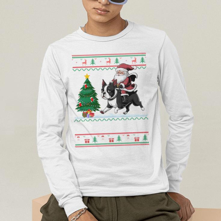 Xmas Tree Lighting Santa Riding Boston Terrier Christmas Men's Long Sleeve T-Shirt, funny gift