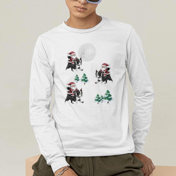 Xmas Tree Santa Riding Boston Terrier Christmas Men's Long Sleeve T-Shirt, funny gift