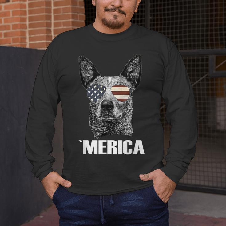4th July Blue Heeler Dog Merica Patriotic USA Flag Cute Men's Long Sleeve T-Shirt, funny design
