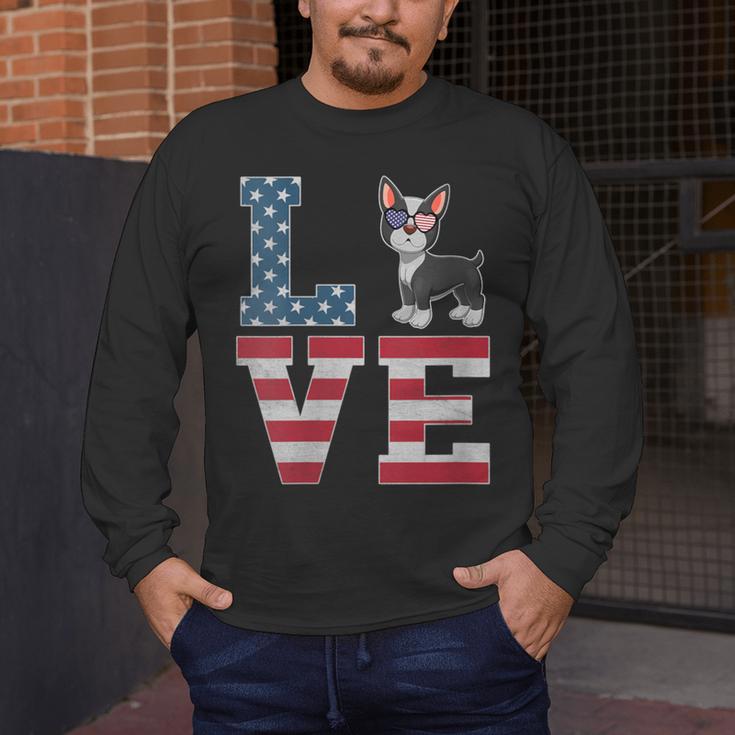 4th Of July Decor Patriotic LOVE Boston Terrier USA Flag Men's Long Sleeve T-Shirt, funny design