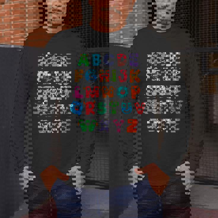 ABC Cute Monster Alphabet Halloween Teacher Costume Kids Men&#x27;s Long Sleeve T-Shirt, funny design