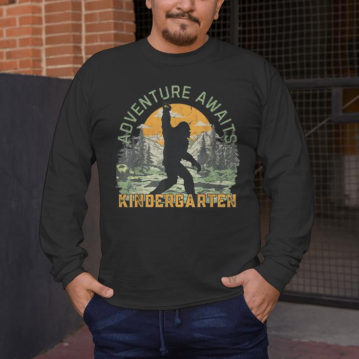 Adventure Awaits Bigfoot Teacher Kindergarten Back To School Men's Long Sleeve T-Shirt, funny design Adventure Awaits Bigfoot Teacher Kindergarten Back To School Men's Long Sleeve T-Shirt, funny design