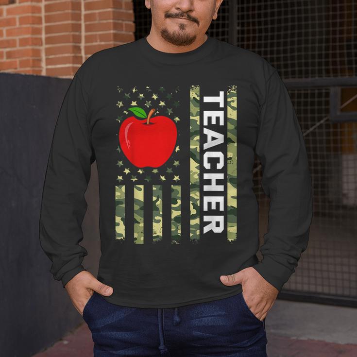 American Flag Camouflage Teacher Patriotic 4th Of July Men's Long Sleeve T-Shirt, funny design