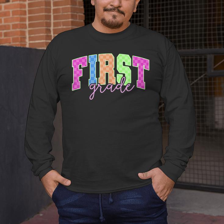 Back To School Neon Checkered First Grade Colorful Teacher Men's Long Sleeve T-Shirt, funny design Back To School Neon Checkered First Grade Colorful Teacher Men's Long Sleeve T-Shirt, funny design