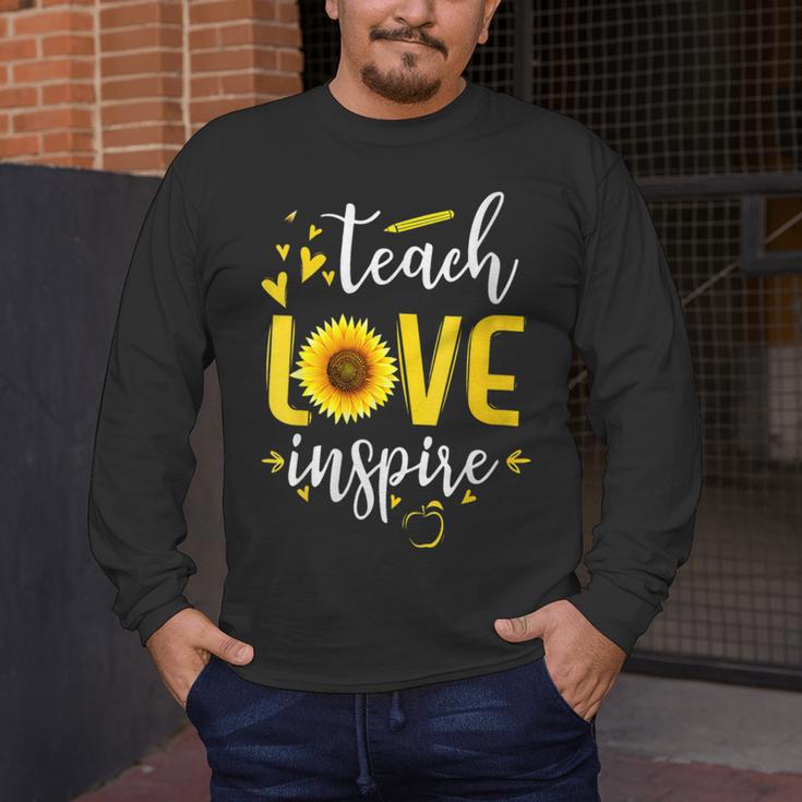 Back To School Teach Love And Inspire Teacher Sunflower Men's Long Sleeve T-Shirt, funny design Back To School Teach Love And Inspire Teacher Sunflower Men's Long Sleeve T-Shirt, funny design