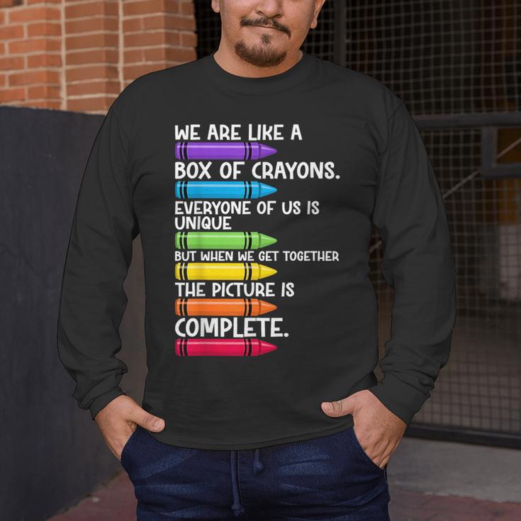 Back To School Teacher We Are Like A Box Of Crayons Men's Long Sleeve T-Shirt, funny design Back To School Teacher We Are Like A Box Of Crayons Men's Long Sleeve T-Shirt, funny design