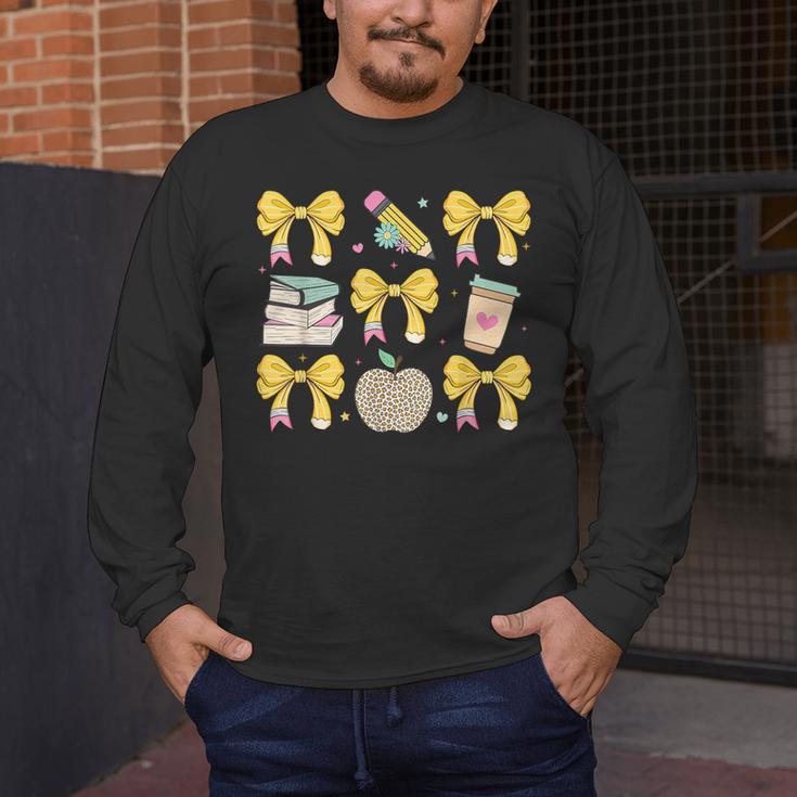 Back To School Yellow Bows Book Coffee Leopard Apple Teacher Men's Long Sleeve T-Shirt, funny design
