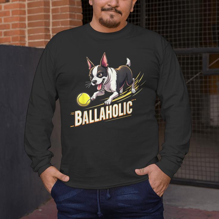 Ballaholic Boston Terrier Dog Chasing Bostie Ball Men's Long Sleeve T-Shirt, funny design